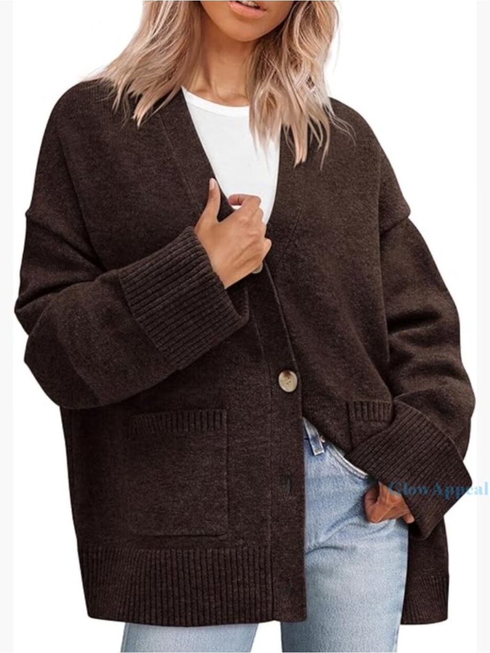 Stitch & Feather Cozy Oversized V-Neck Cardigan Sweater - Dark Brown